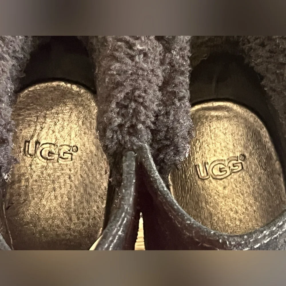 UGG Black Suede Wedge Ankle Booties with Shearling Trim